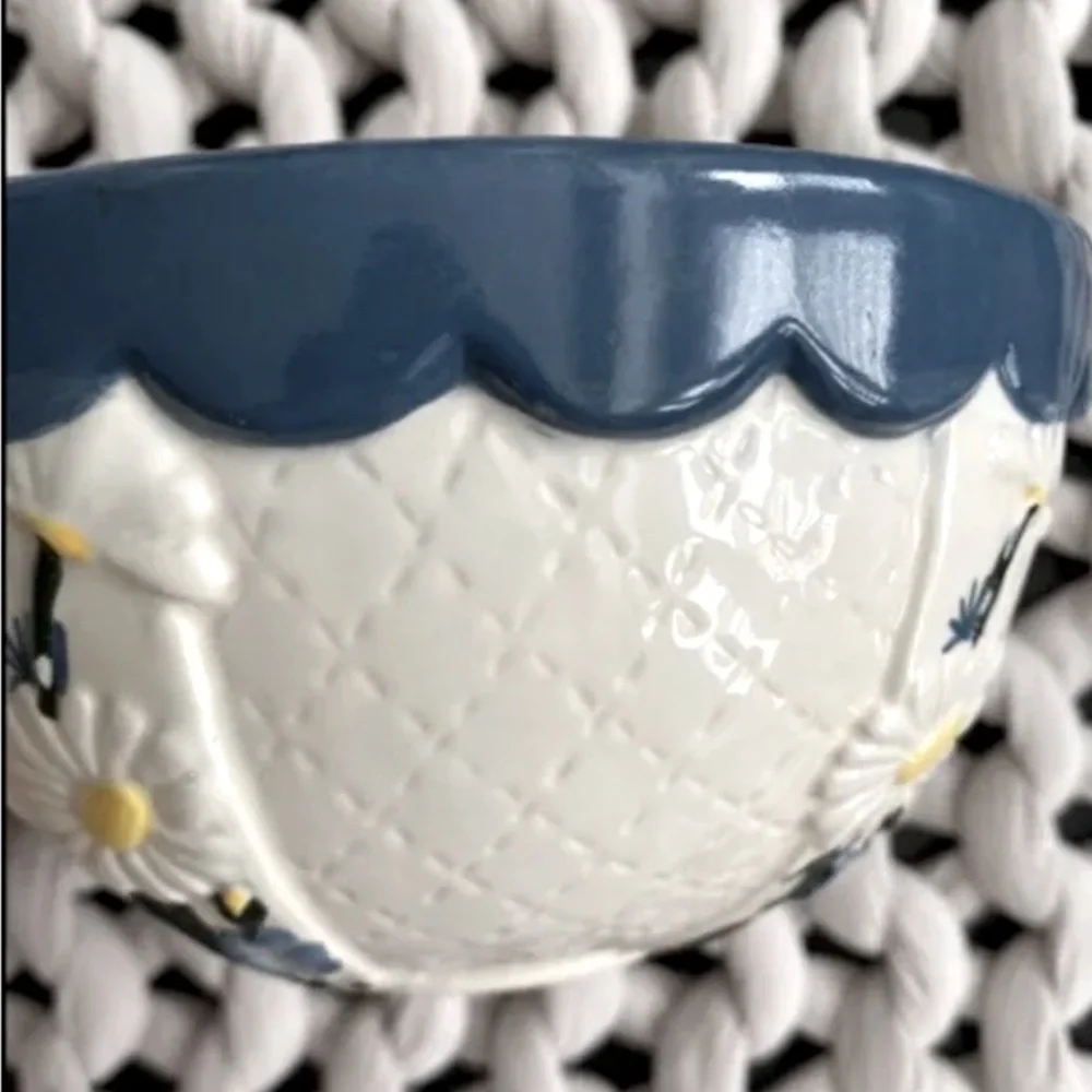 Vintage Ceramic Bowl Flowers Blue Scalloped Trim 6.5” Stamped Marked Decor Artsy